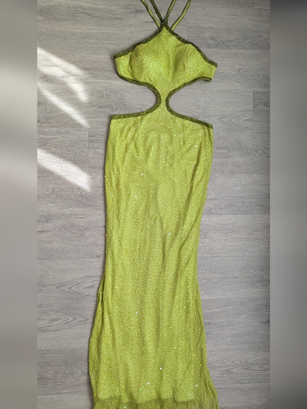 Scala Lime Green Backless Cutout Sequin Evening Gown
